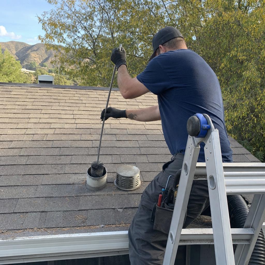 Dryer vent cleaning service professional cleaning rooftop vent with brush