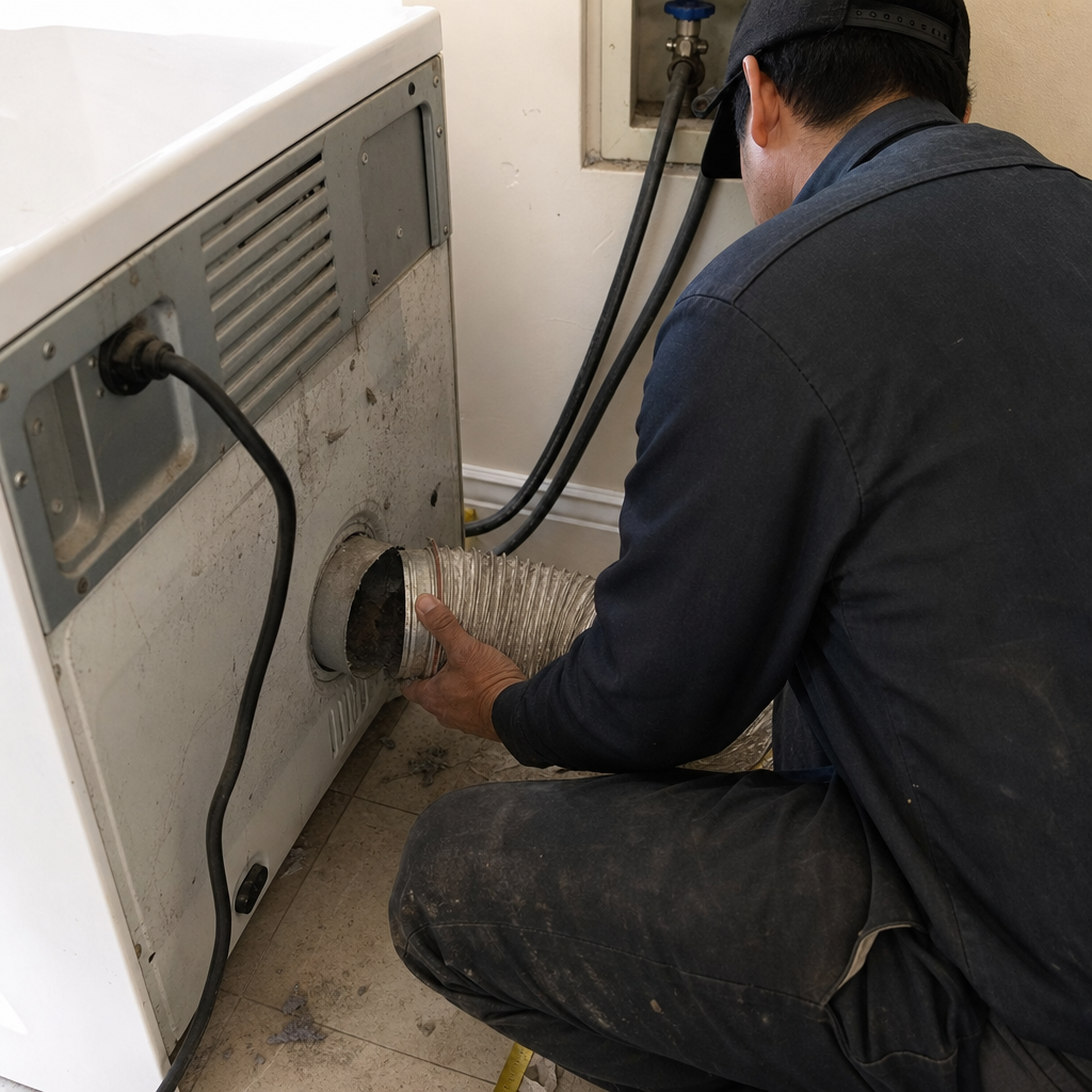Technician cleaning dryer vent for air duct cleaning business