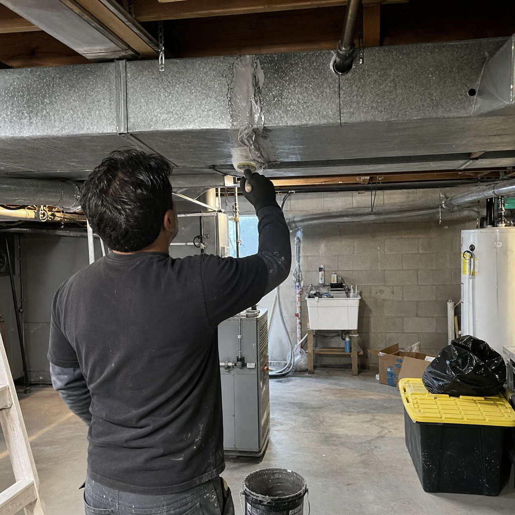 Technician seals ductwork with sealant for air duct repair and sealing.