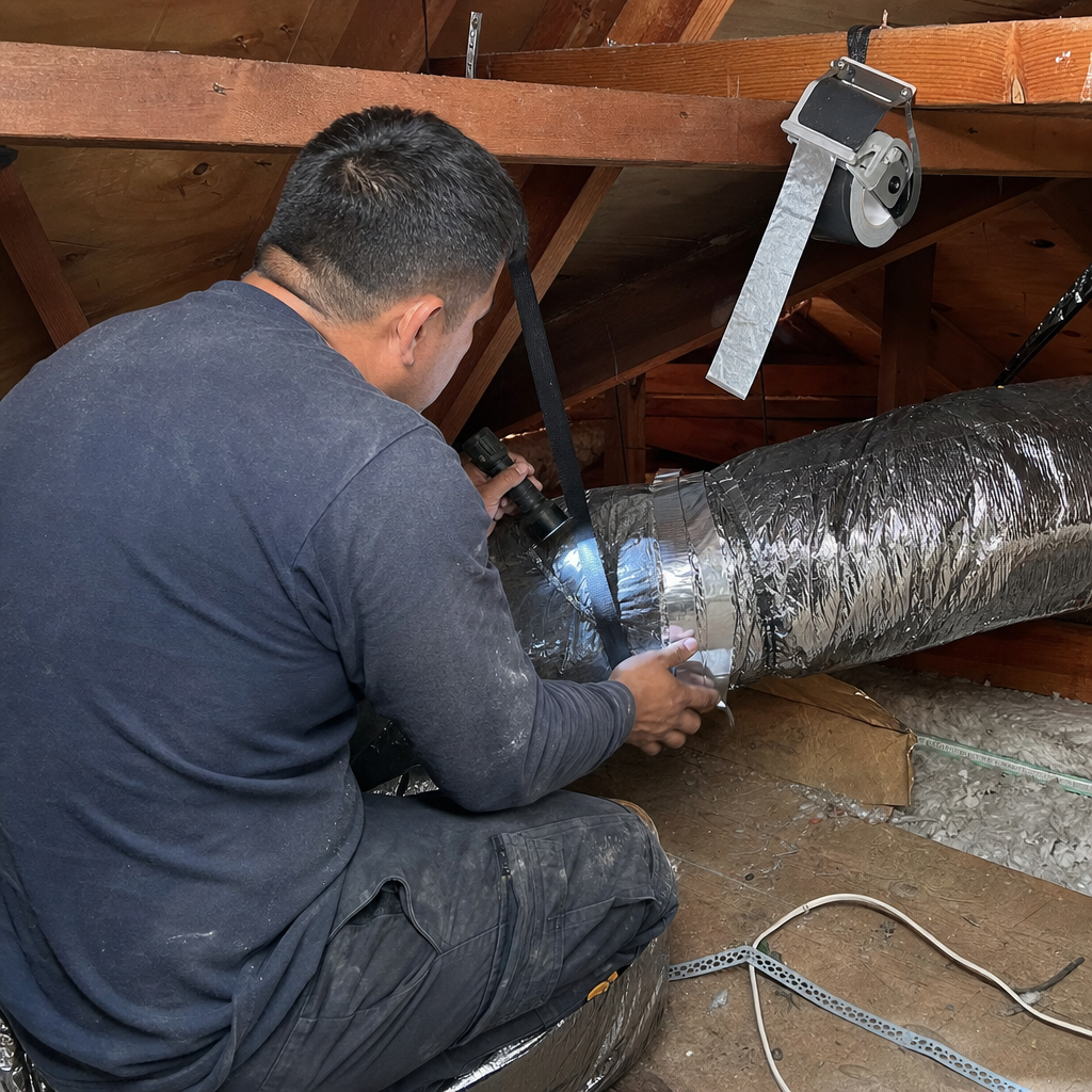 Technician inspecting air duct with flashlight in attic