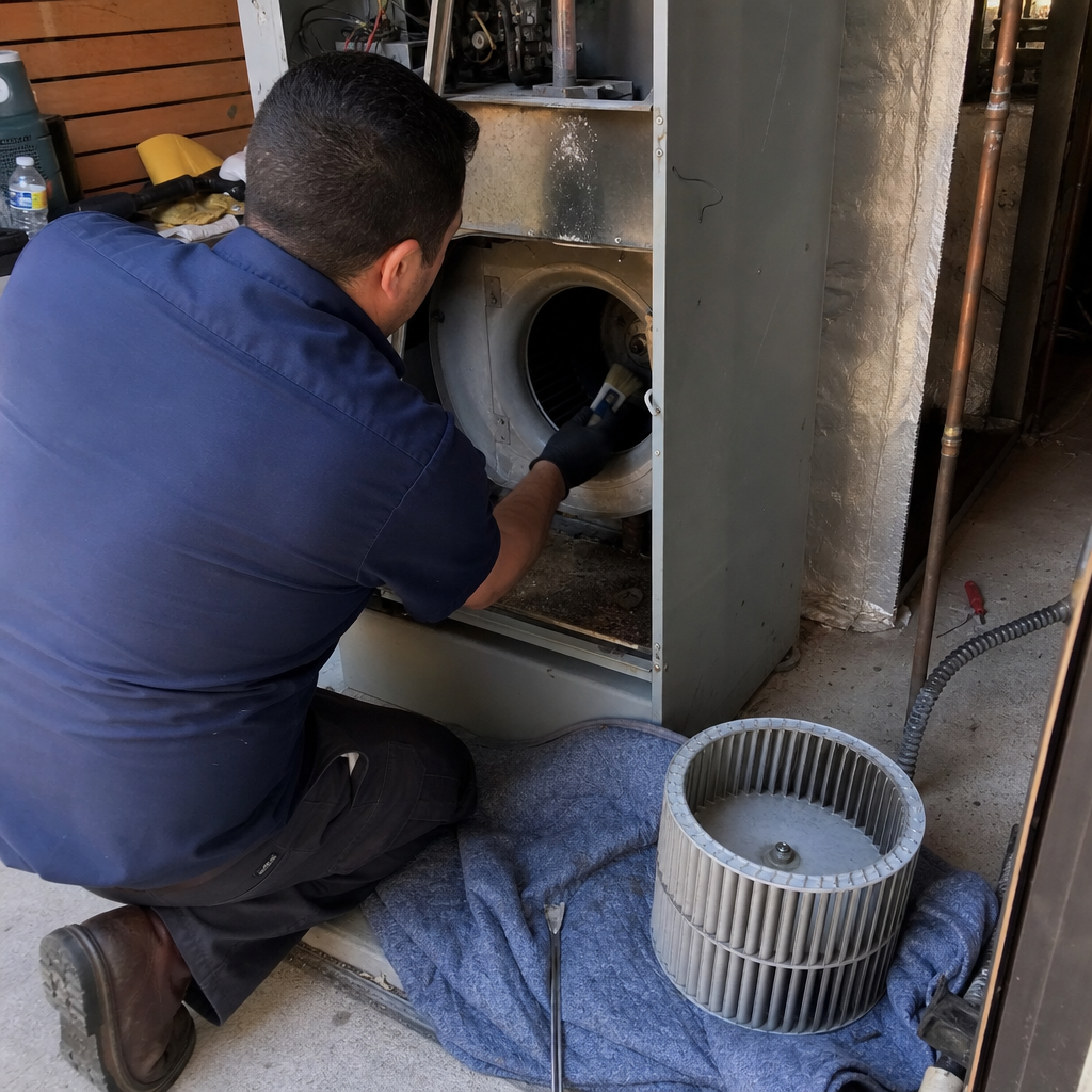 HVAC technician cleans furnace blower wheel during air duct cleaning service.