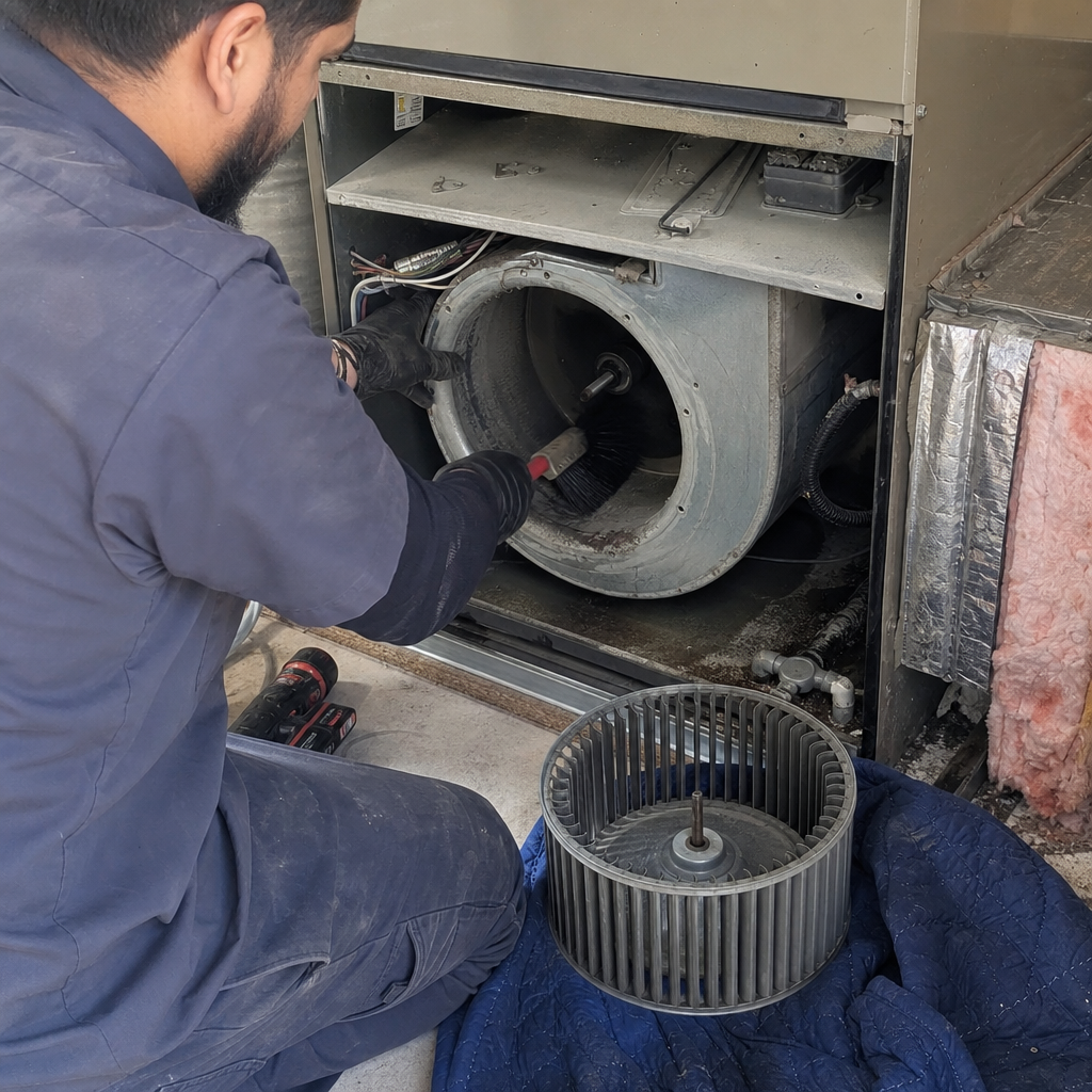 HVAC technician cleaning inside an air duct unit with a brush.